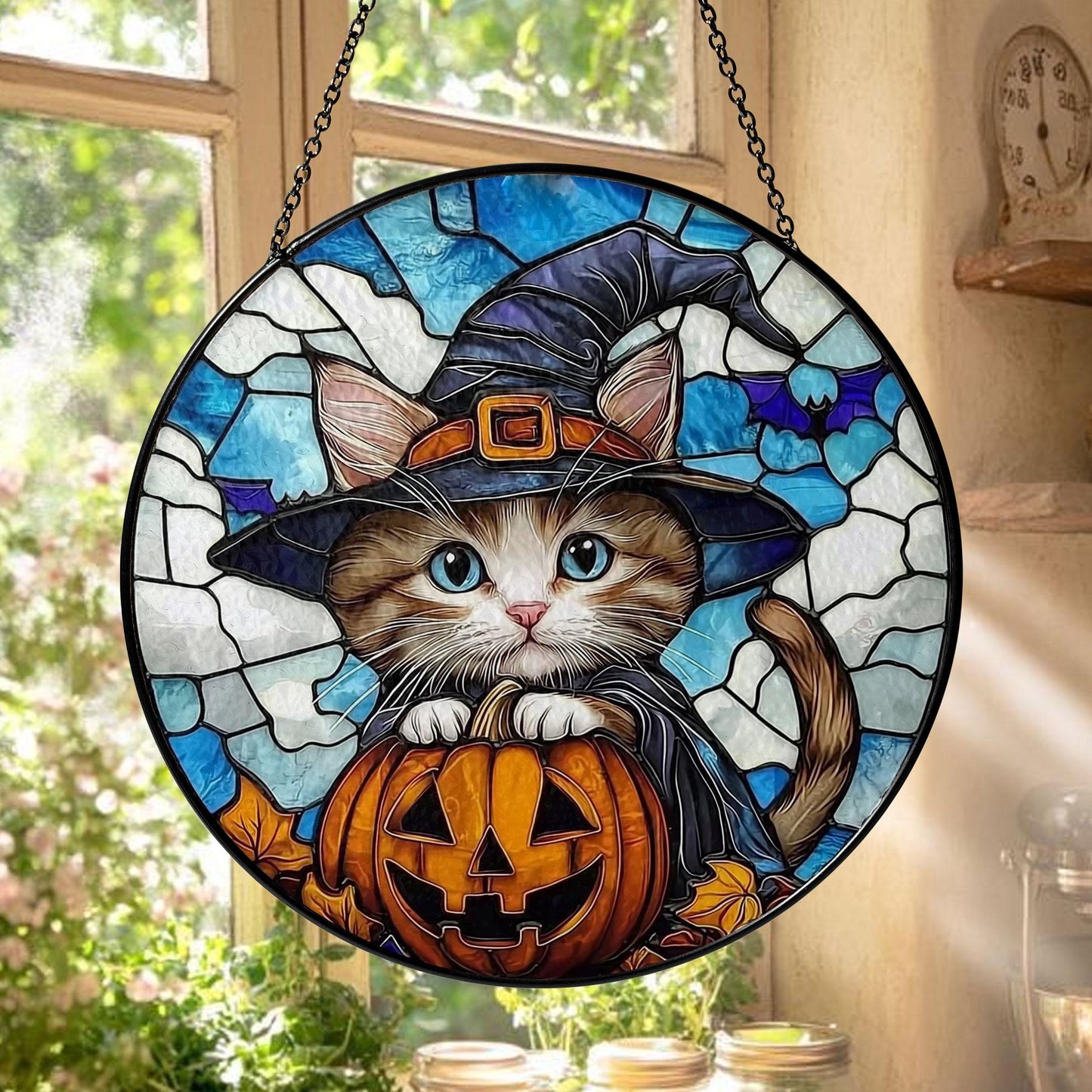 Halloween Cat Stained Glass Suncatcher, Cute Witch Kitten with Pumpkin and Full Moon, Hanging Window Panel for Spooky Home Decor Gift