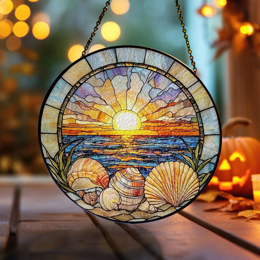 Sunset Stained Glass Suncatcher, Ocean Beach Window Hanging with Seashells and Waves, Coastal Nautical Home Decor, Beach House Gift