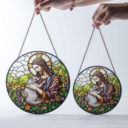 Jesus Stained Glass Suncatcher, Sacred Window Panel with Flowers and Possum Design, Christian Religious Home Decor and Spiritual Gift