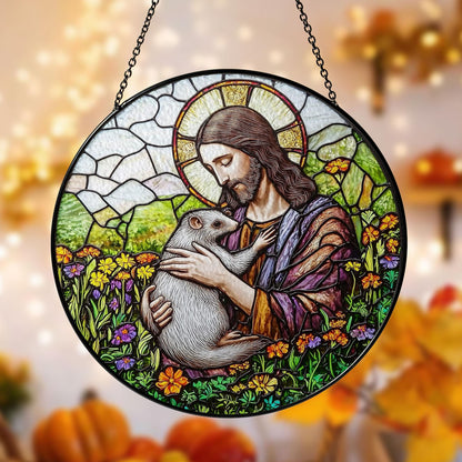 Jesus Stained Glass Suncatcher, Sacred Window Panel with Flowers and Possum Design, Christian Religious Home Decor and Spiritual Gift
