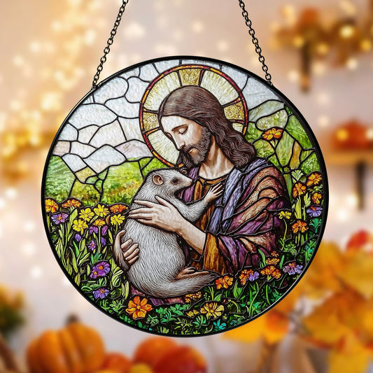 Jesus Stained Glass Suncatcher, Sacred Window Panel with Flowers and Possum Design, Christian Religious Home Decor and Spiritual Gift