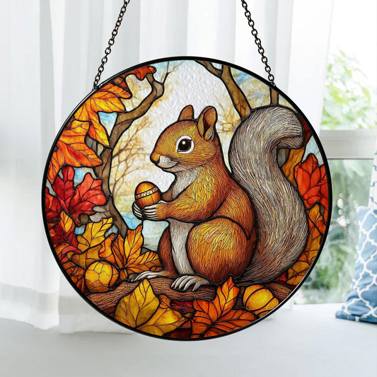 Squirrel Stained Glass Suncatcher, Autumn Window Hanging with Acorns and Fall Leaves, Woodland Animal Decor for Home and Nature Lovers Gift