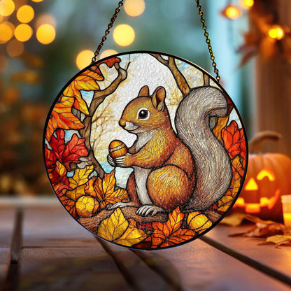 Squirrel Stained Glass Suncatcher, Autumn Window Hanging with Acorns and Fall Leaves, Woodland Animal Decor for Home and Nature Lovers Gift