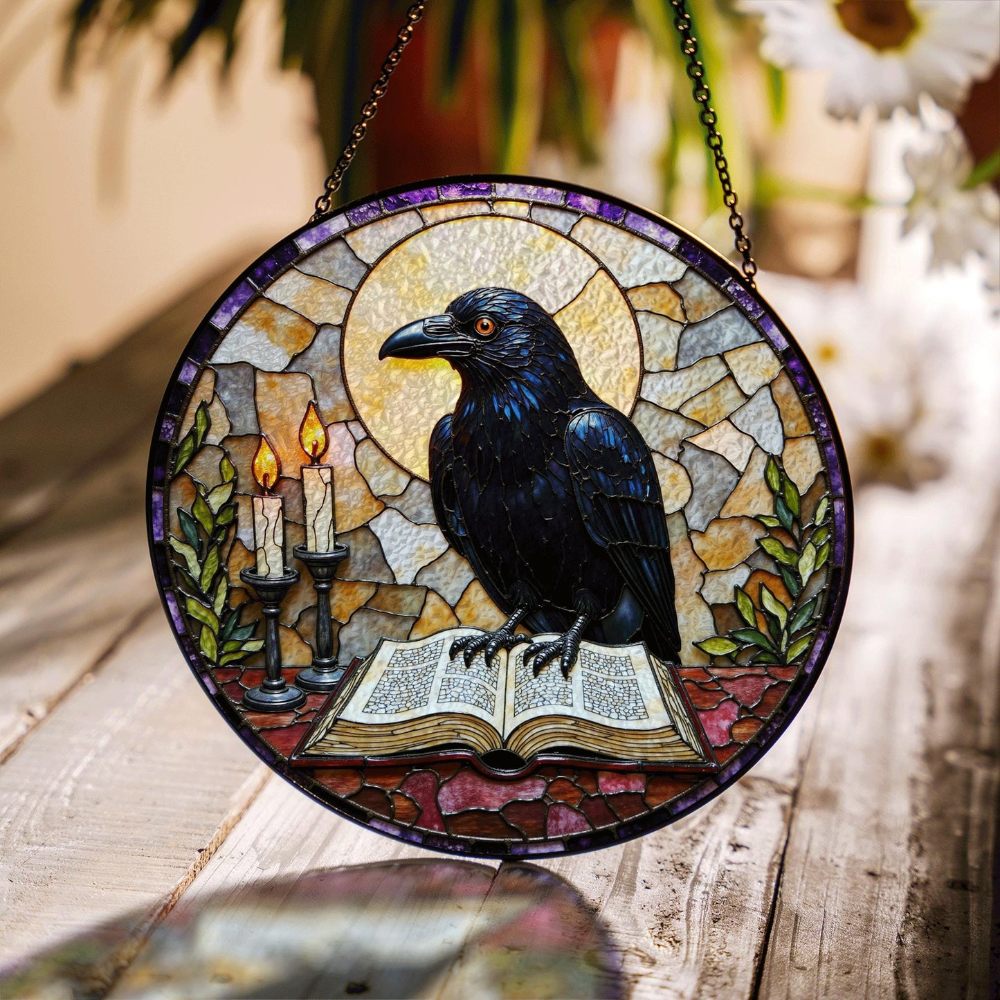 suncatcher stained glass raven with book and candles Halloween gift
