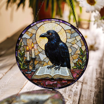 suncatcher stained glass raven with book and candles Halloween gift