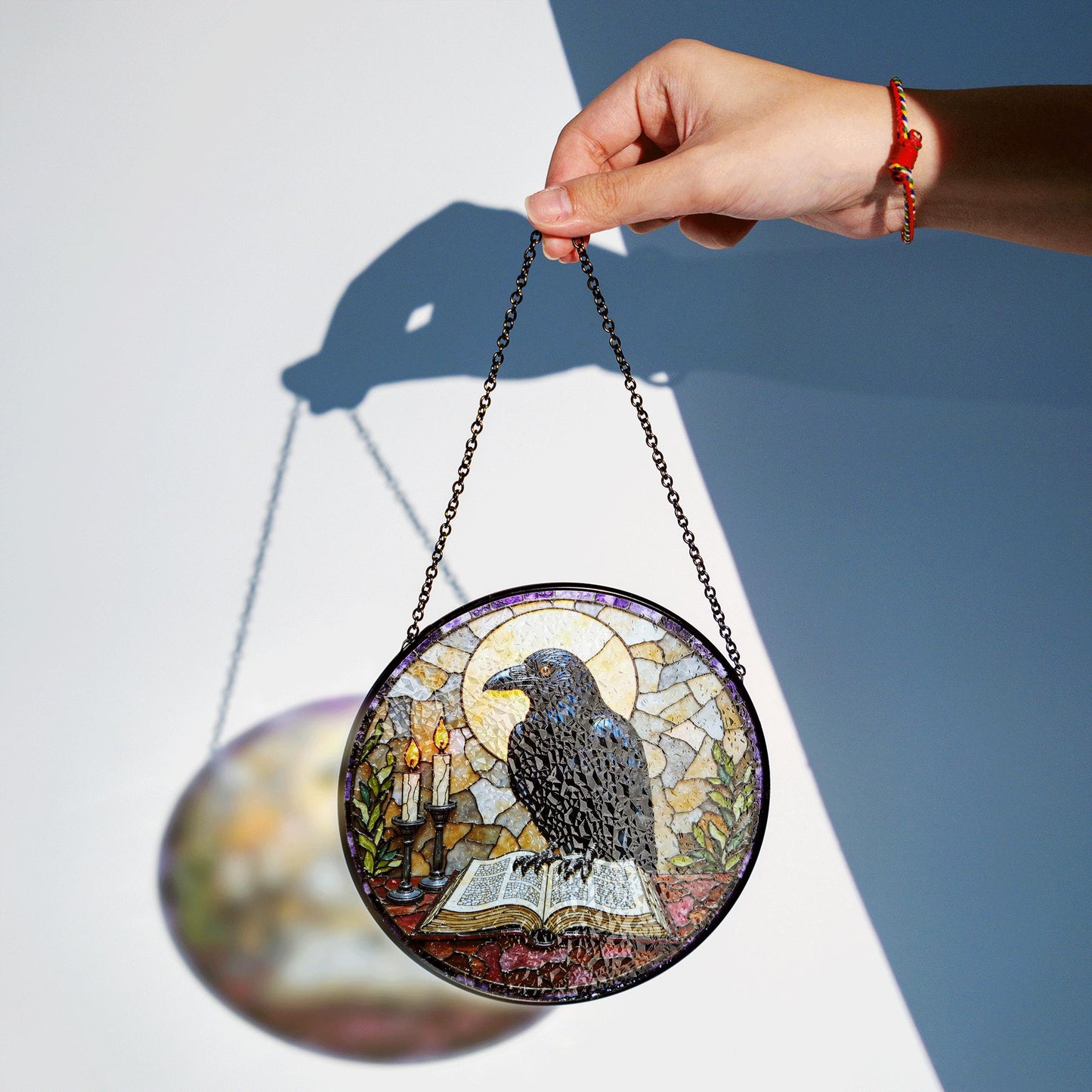 suncatcher stained glass raven with book and candles Halloween gift