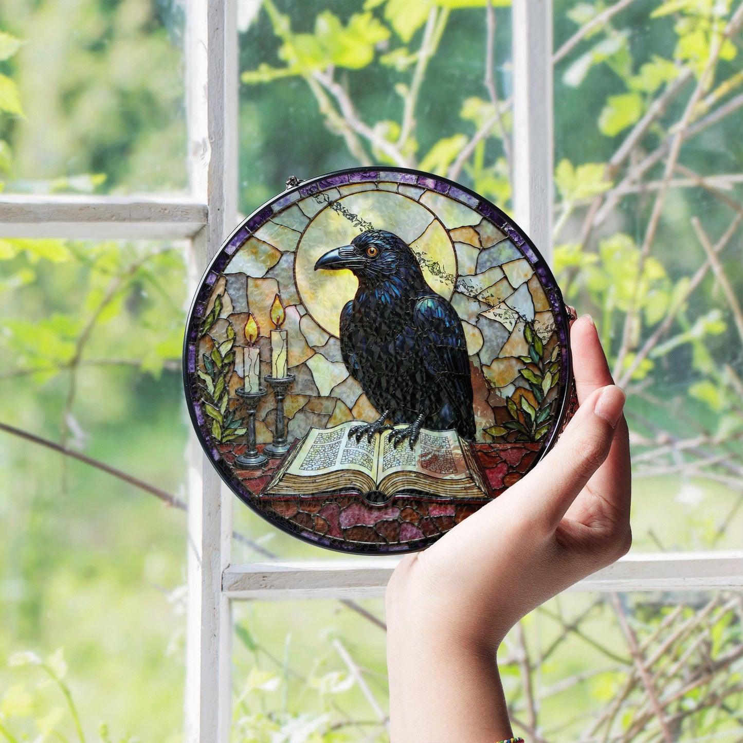 suncatcher stained glass raven with book and candles Halloween gift