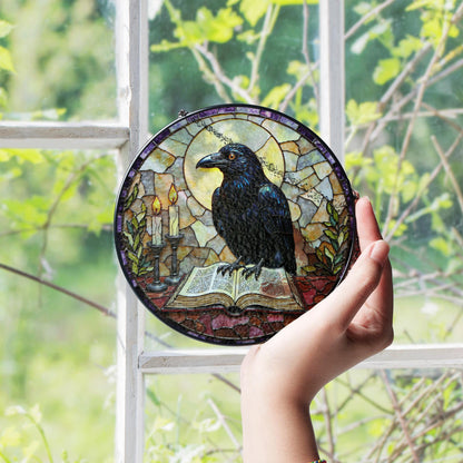 suncatcher stained glass raven with book and candles Halloween gift
