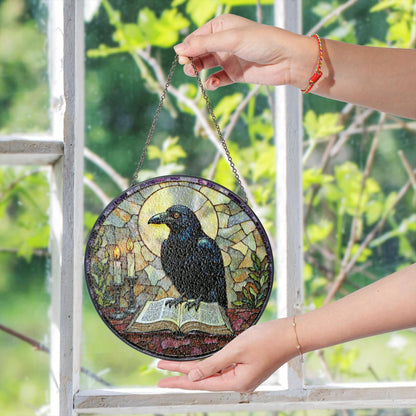 suncatcher stained glass raven with book and candles Halloween gift