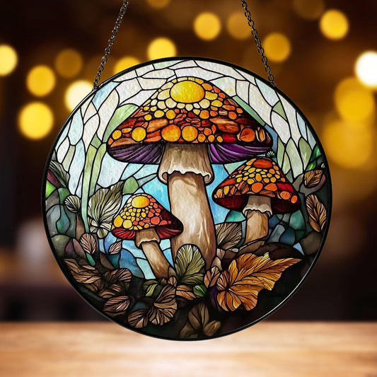Mushroom Stained Glass Suncatcher, Colorful Window Hanging with Forest Fungi and Leaves, Boho Woodland Decor for Home and Nature Lovers Gift