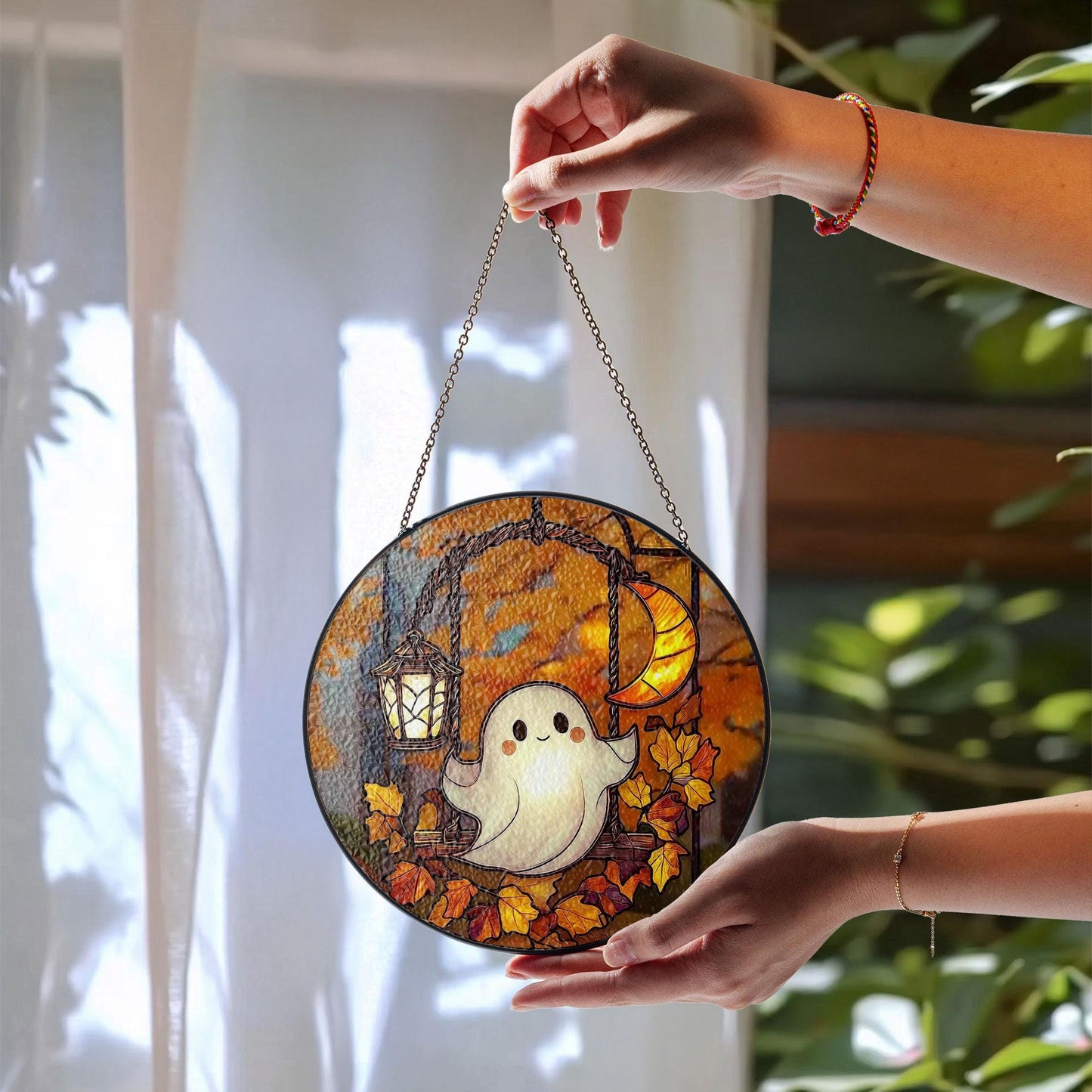 Ghost Stained Glass Suncatcher, Cute Halloween Window Hanging with Moon, Lantern and Autumn Leaves, Spooky Fall Home Decor Gift Idea