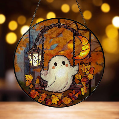 Ghost Stained Glass Suncatcher, Cute Halloween Window Hanging with Moon, Lantern and Autumn Leaves, Spooky Fall Home Decor Gift Idea