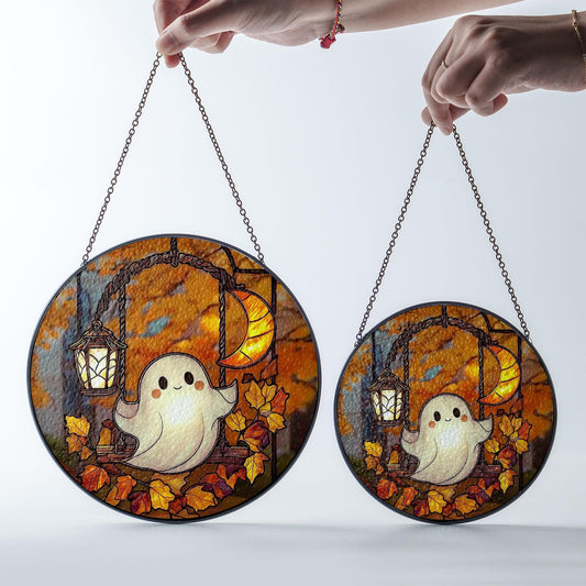 Ghost Stained Glass Suncatcher, Cute Halloween Window Hanging with Moon, Lantern and Autumn Leaves, Spooky Fall Home Decor Gift Idea