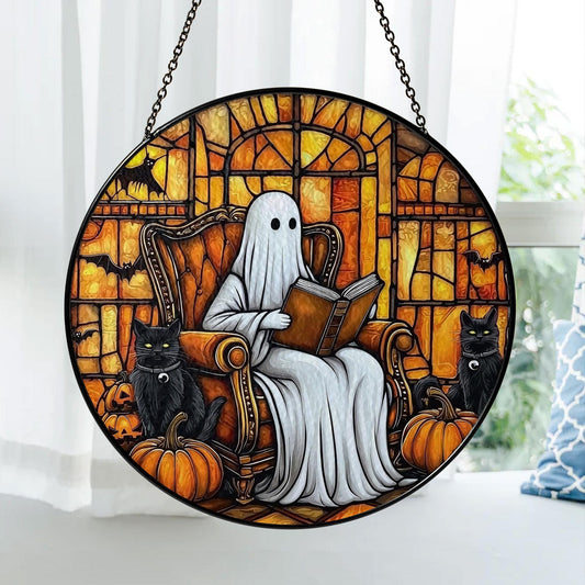 Ghost Stained Glass Suncatcher, Halloween Window Hanging with Black Cats, Pumpkins and Bats, Spooky Gothic Fall Home Decor Gift