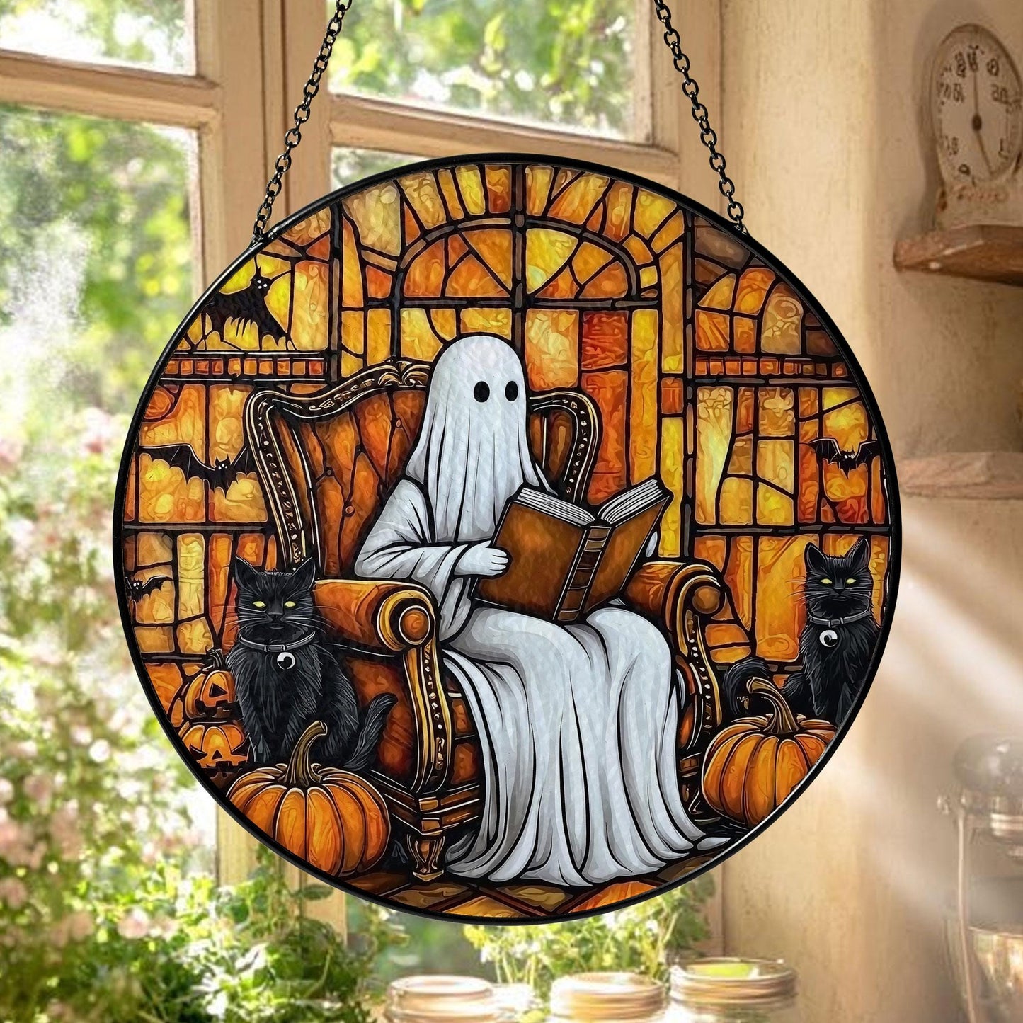 Ghost Stained Glass Suncatcher, Halloween Window Hanging with Black Cats, Pumpkins and Bats, Spooky Gothic Fall Home Decor Gift