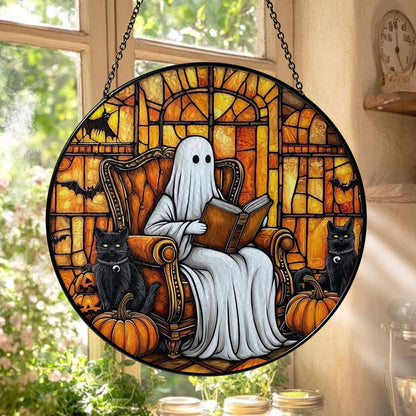 Ghost Stained Glass Suncatcher, Halloween Window Hanging with Black Cats, Pumpkins and Bats, Spooky Gothic Fall Home Decor Gift