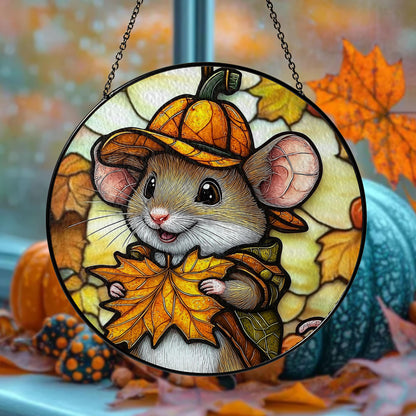 Mouse Stained Glass Suncatcher, Cute Autumn Window Hanging with Pumpkin Hat and Fall Leaves, Woodland Animal Decor for Home and Gift