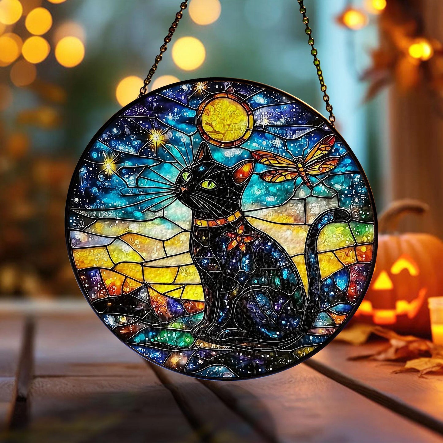 Black Cat Stained Glass Suncatcher, Cosmic Window Hanging with Stars, Moon and Dragonfly, Mystical Galaxy Decor for Home and Cat Lovers Gift