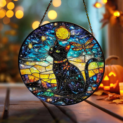 Black Cat Stained Glass Suncatcher, Cosmic Window Hanging with Stars, Moon and Dragonfly, Mystical Galaxy Decor for Home and Cat Lovers Gift