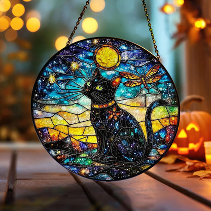 Black Cat Stained Glass Suncatcher, Cosmic Window Hanging with Stars, Moon and Dragonfly, Mystical Galaxy Decor for Home and Cat Lovers Gift