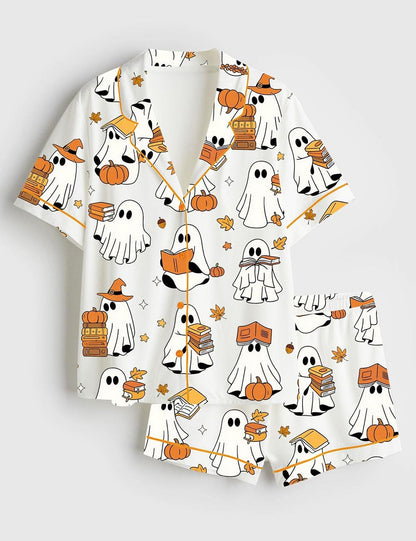 Women’s Ghost Books Halloween Short Sleeve Satin Pajama Set, Sleepwear Halloween Print Nightwear Pijama Set, Gift for women lover
