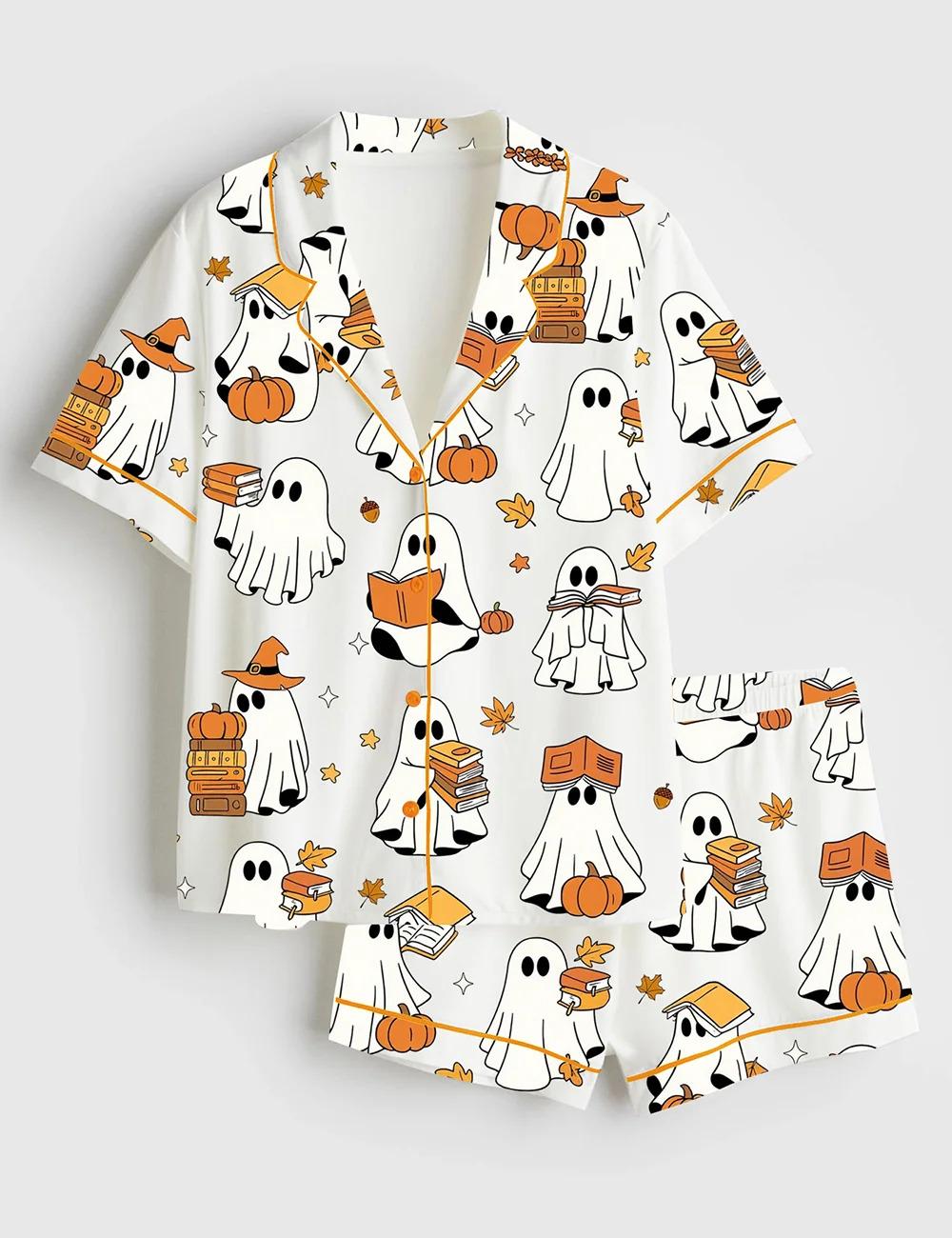 Women’s Ghost Books Halloween Short Sleeve Satin Pajama Set, Sleepwear Halloween Print Nightwear Pijama Set, Gift for women lover