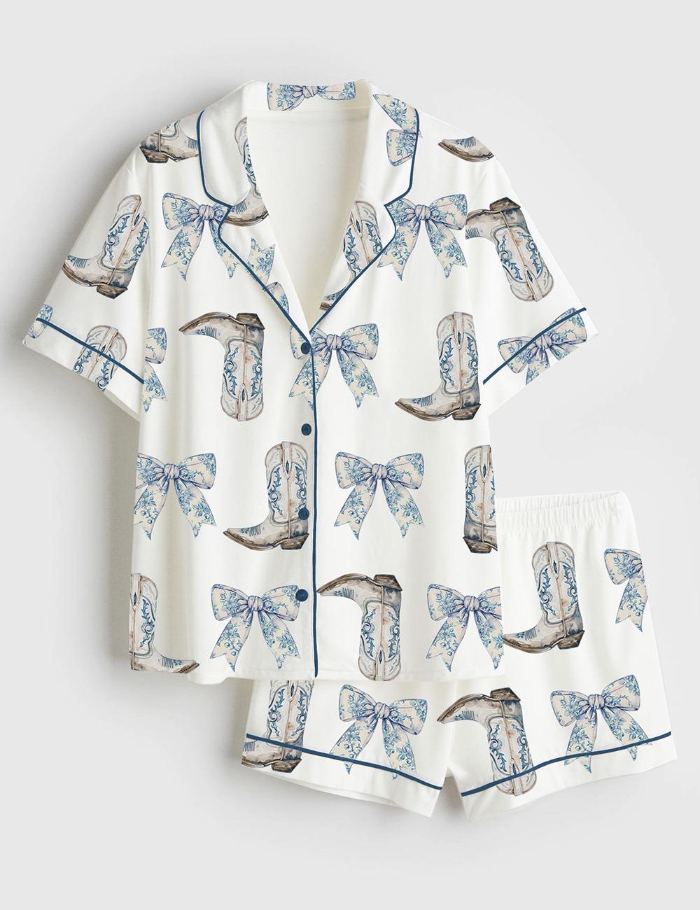 Women's Coquette Blue Bow And Boots Cowgirl Short Sleeve Satin Pajama Set, Gift For Women Pijamas Cowgirl Bow Boots Print