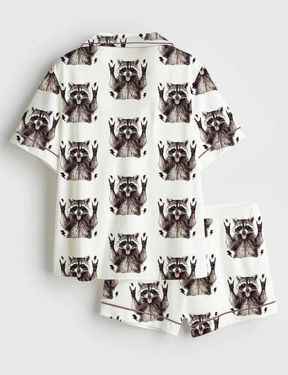 Women's Unhinged and Feral Racoon Short Sleeve Satin Pajama Set, Sleepwear Halloween Nightwear Pijama Set, Womens Pajamas Gift