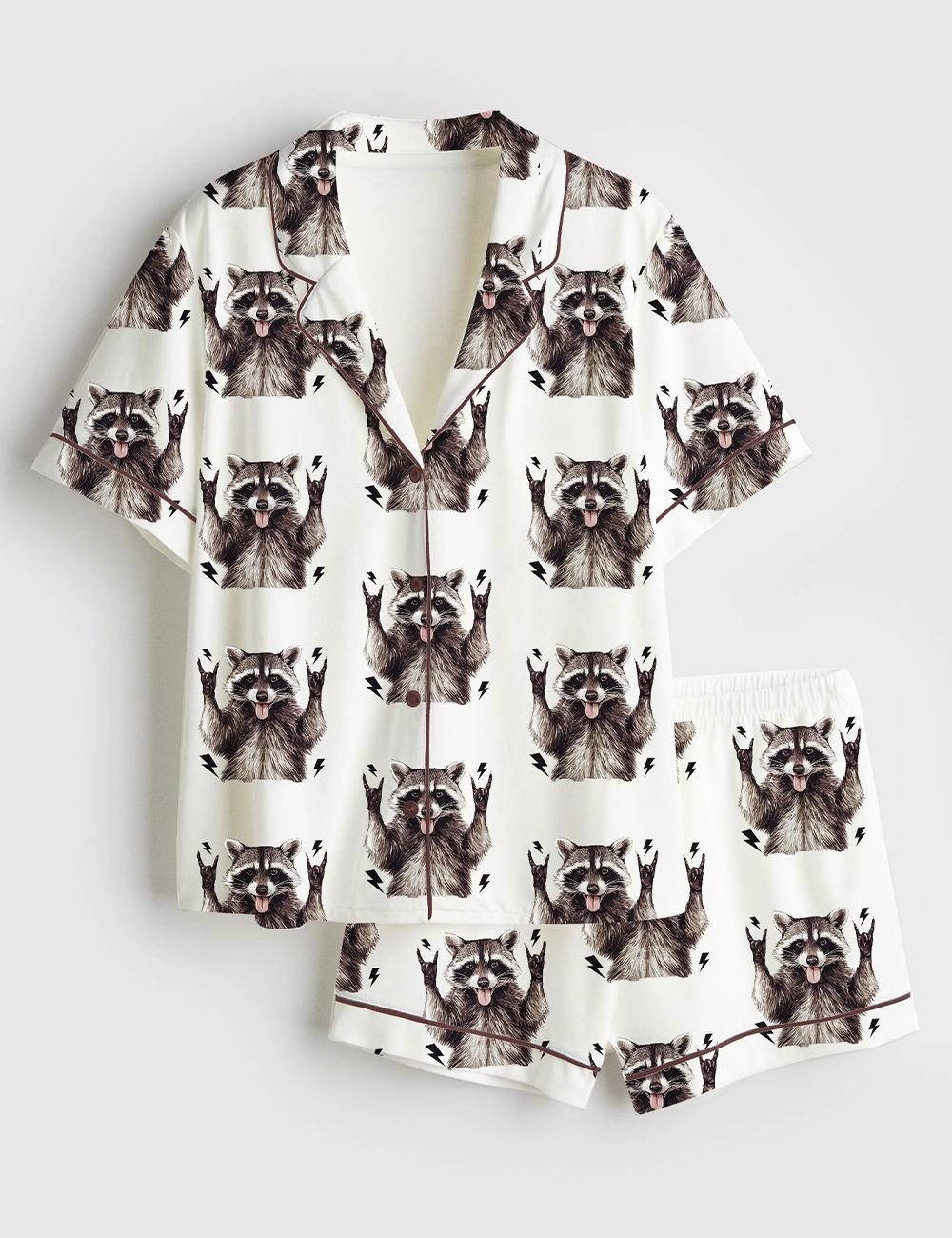 Women's Unhinged and Feral Racoon Short Sleeve Satin Pajama Set, Sleepwear Halloween Nightwear Pijama Set, Womens Pajamas Gift