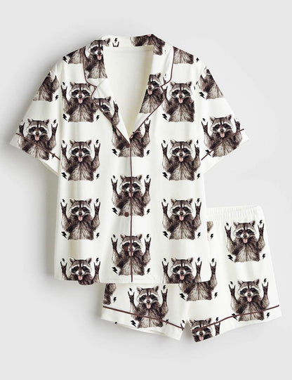 Women's Unhinged and Feral Racoon Short Sleeve Satin Pajama Set, Sleepwear Halloween Nightwear Pijama Set, Womens Pajamas Gift