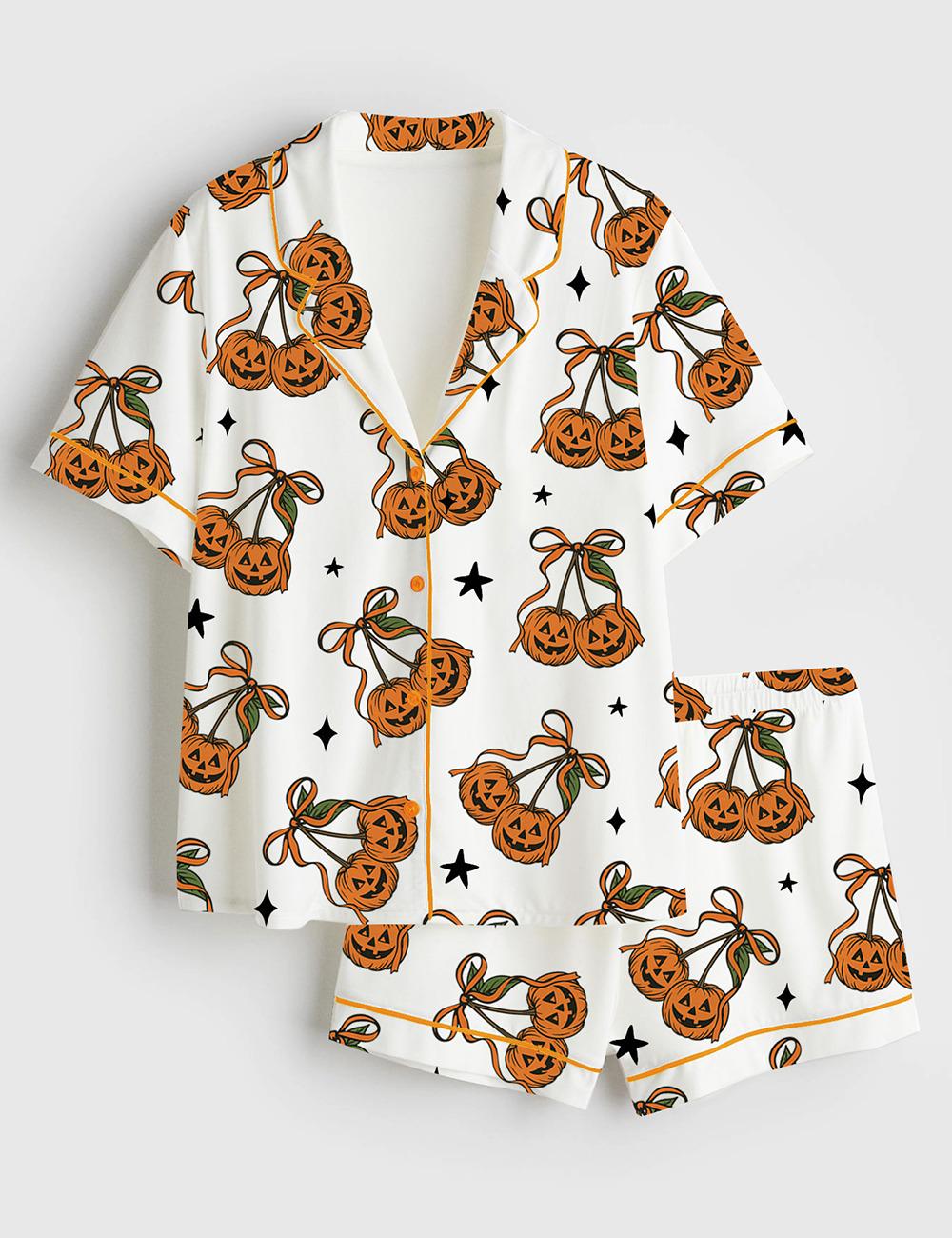 Women’s Halloween Pumpkin Cheeries Coquette Short Sleeve Satin Pajama Set, Womens Pumpkin Pajamas Cheeries Gift Pjs
