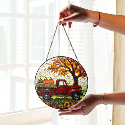 suncatcher stained glass red truck autumn pumpkin harvest gift for mom Mothers Day gift