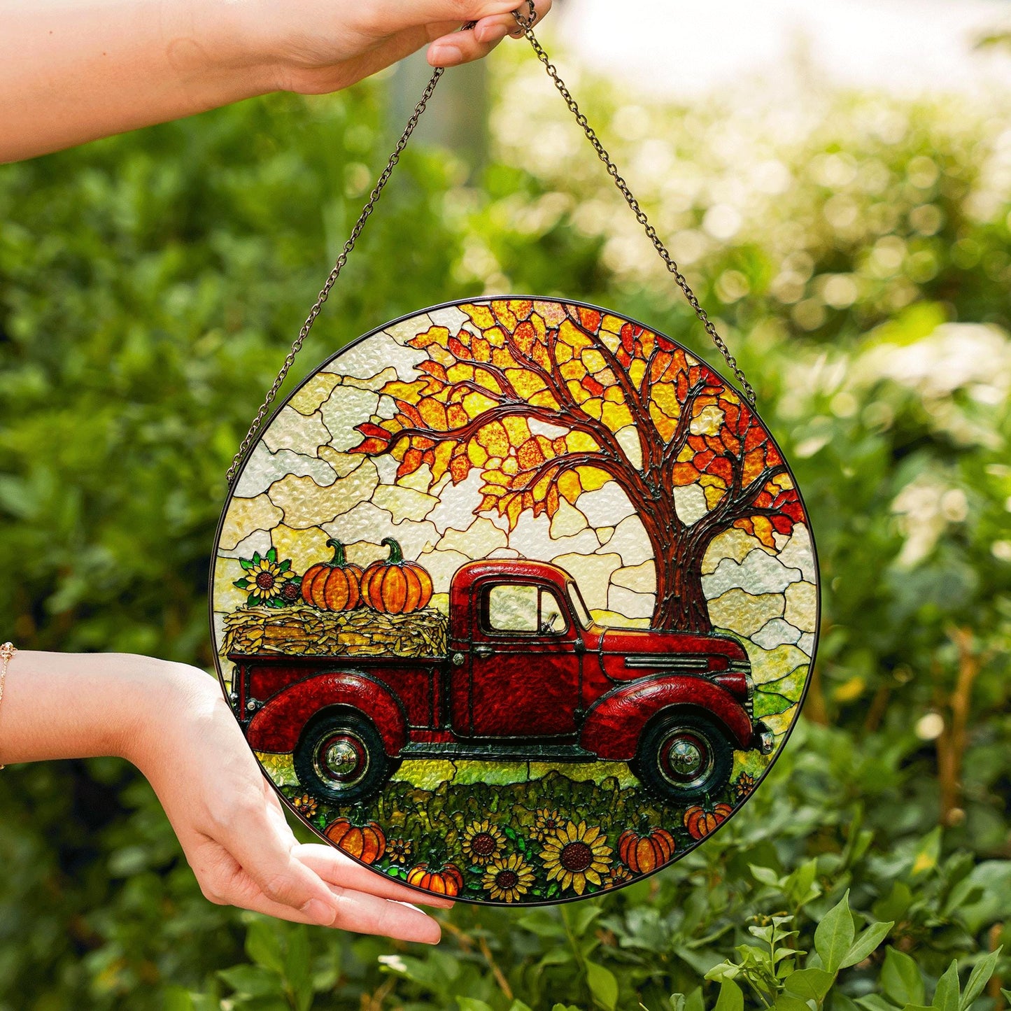 suncatcher stained glass red truck autumn pumpkin harvest gift for mom Mothers Day gift