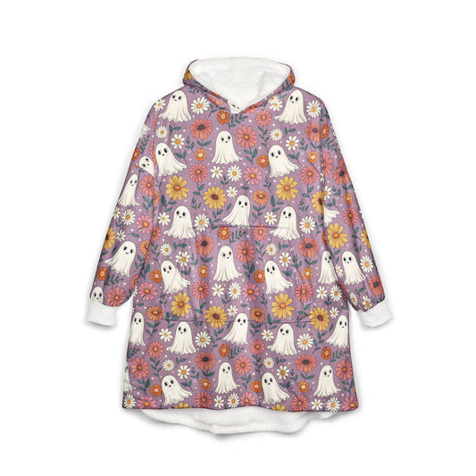 Floral Ghost Hooded Blanket: Cozy Unisex Polyester Fleece