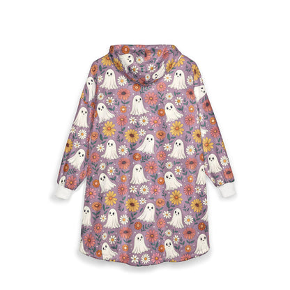 Floral Ghost Hooded Blanket: Cozy Unisex Polyester Fleece