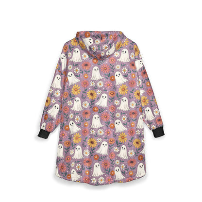 Floral Ghost Hooded Blanket: Cozy Unisex Polyester Fleece