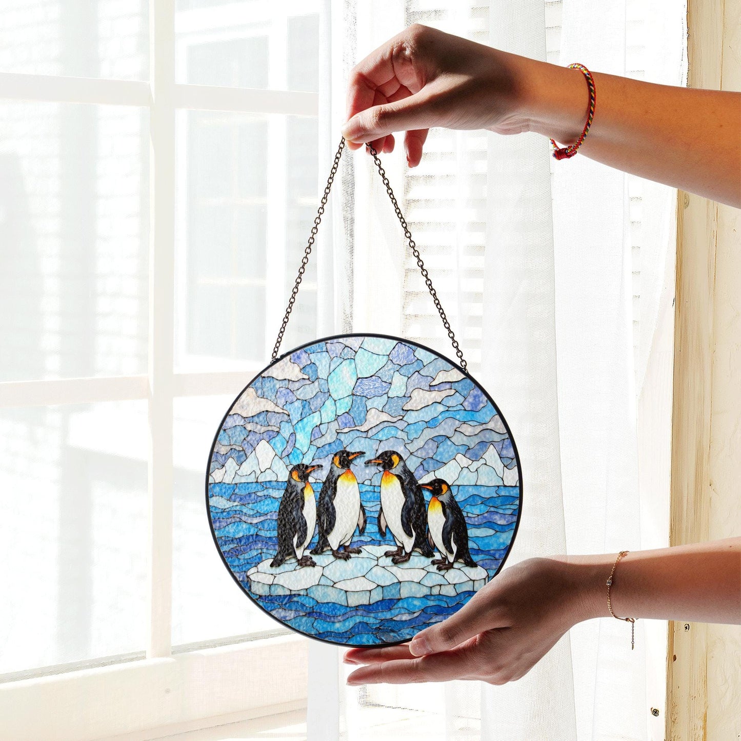 Suncatcher stained glass penguins on ice Christmas gift for mom winter home decor