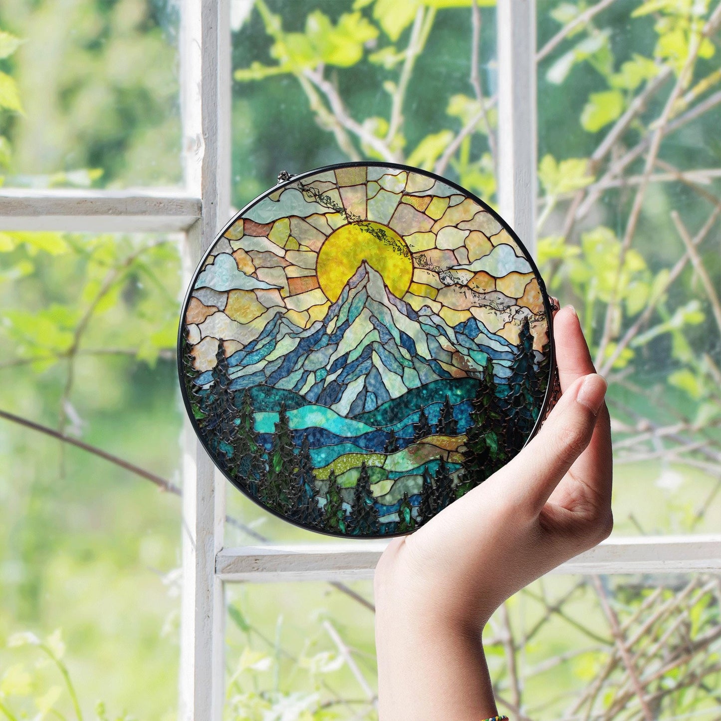 Suncatcher stained glass mountain sunrise landscape gift for mom Mother’s Day gift Christmas gift