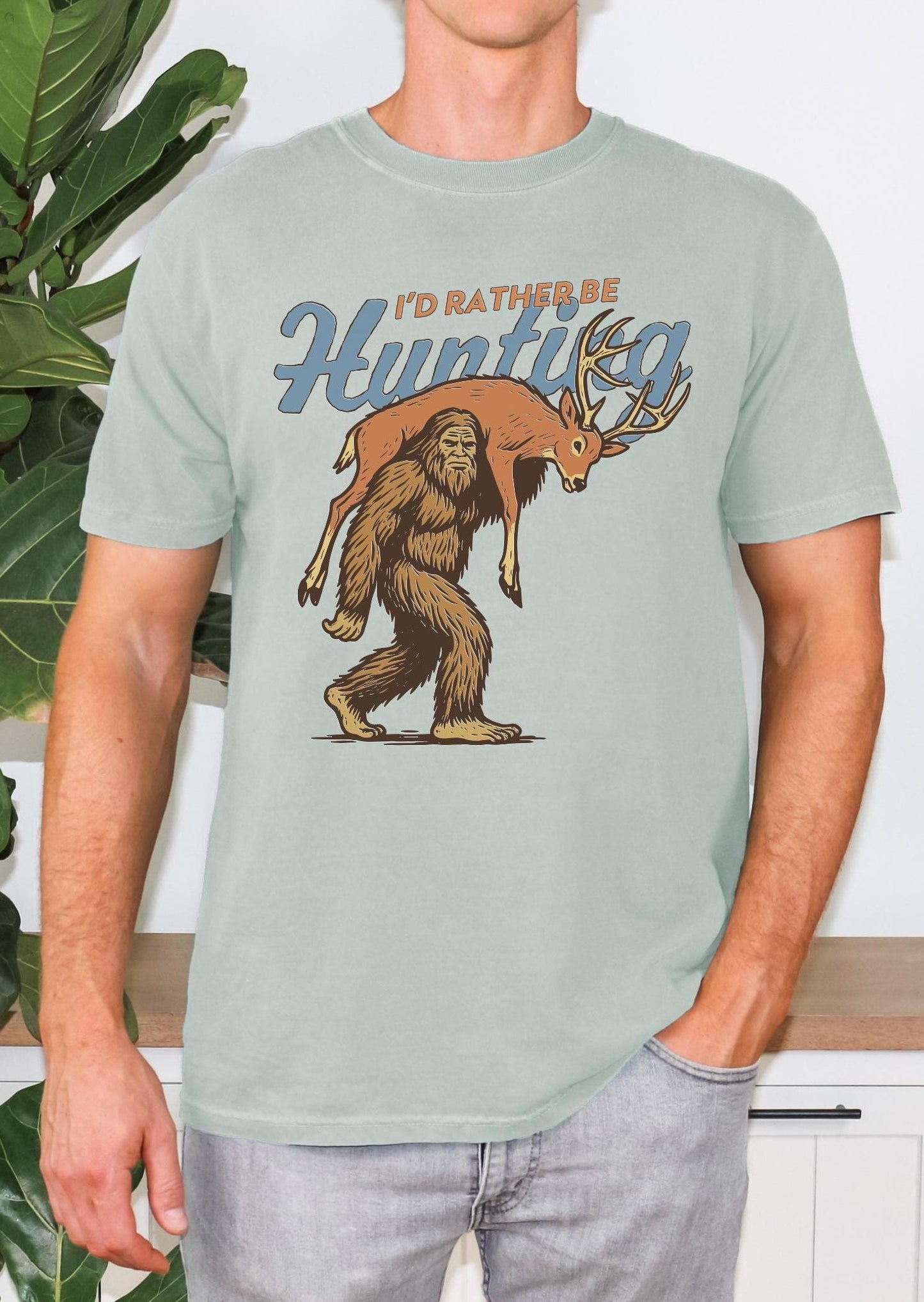 I'd Rather Be Hunting Shirt, Bigfoot Hunting Shirt, Funny Sasquatch Carrying Deer, Rustic Hunter Gift, Sasquatch Graphic Tee, Cryptid Tee