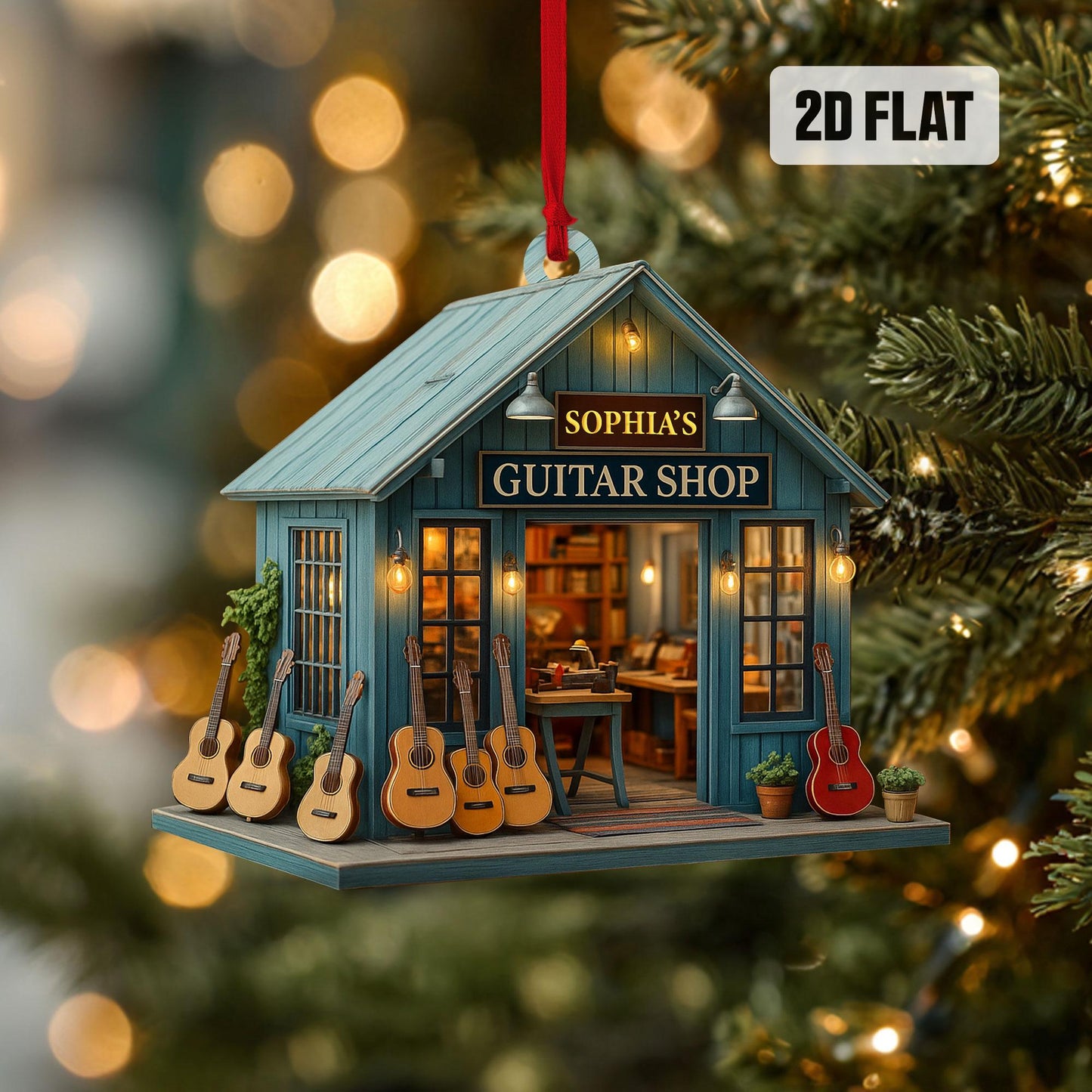 Personalized Guitar 2D Flat Ornament, Custom Guitar Shop Christmas Tree Ornament, Music Home Decor, Gift for Music Lovers, Guitar Players