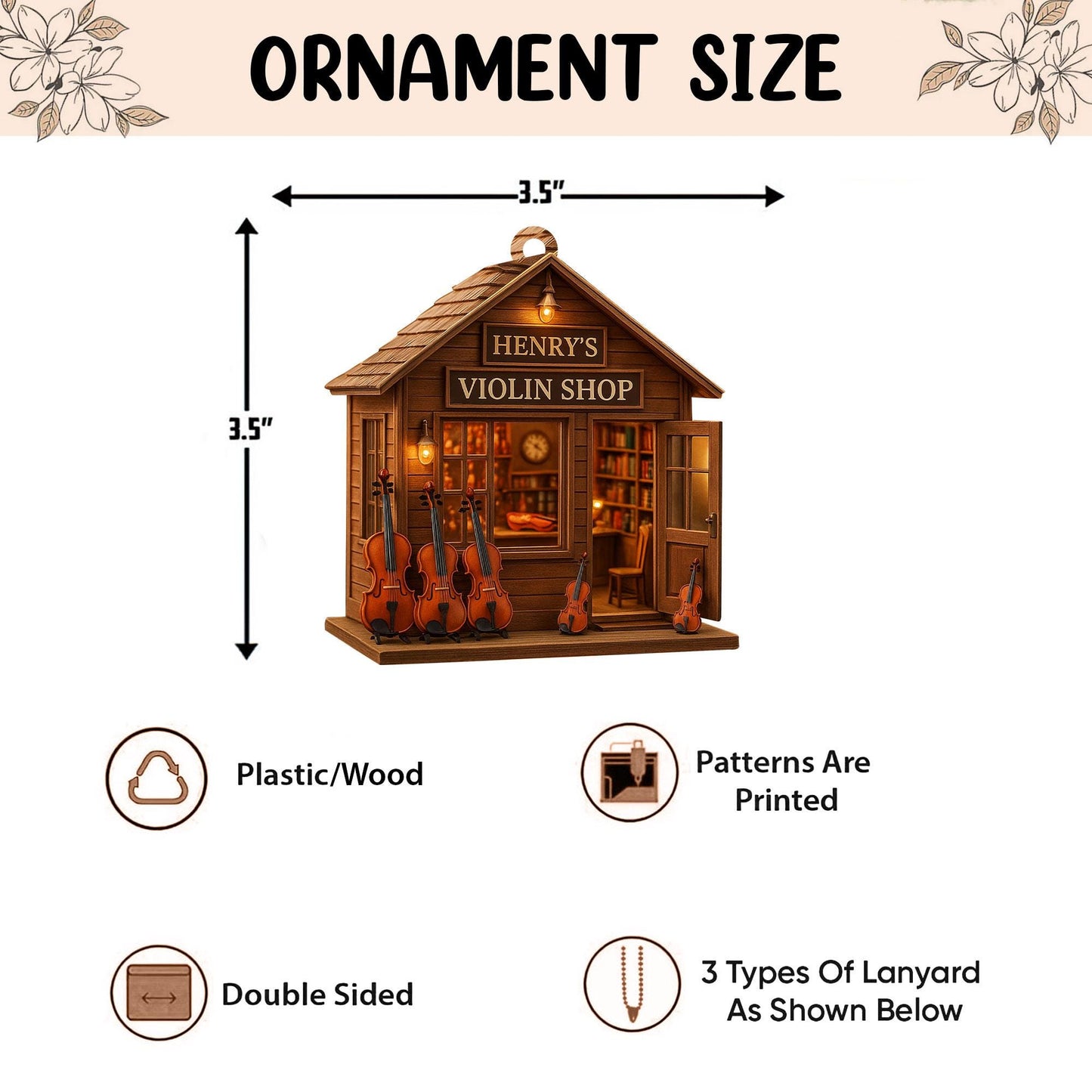 Personalized Violin 2D Flat Ornament, Custom Violin Shop Christmas Tree Ornament, Music Christmas Decor, Gift for Violin Player, Violinist