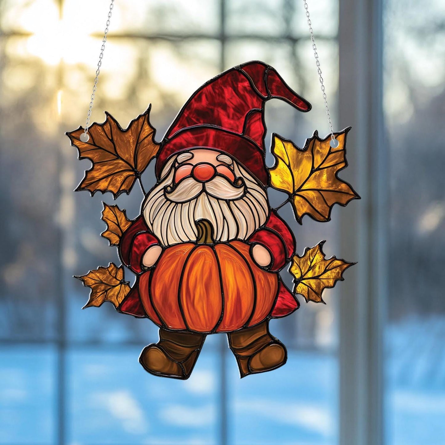 Fall Gnome Pumpkin Window Hanging, Autumn Maple Leaf Decor, Cute Harvest Gnome Ornament, Thanksgiving Home Accent, Farmhouse Gift