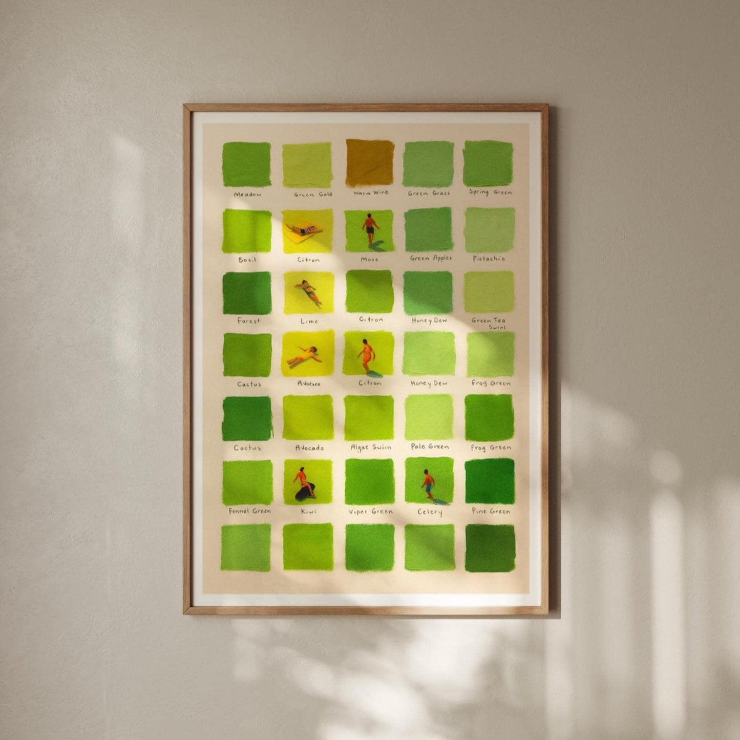 Mid Century Modern Green Stripe Print: Pastel Swimmers Wall Art