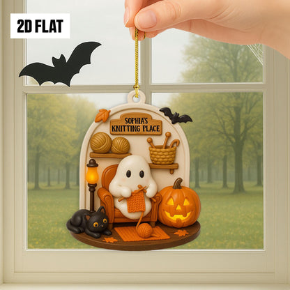 Personalized Knitting Halloween Ornament – Cute Ghost With Knitting, Custom Name Ornament 2D Flat, Fun And Spooky Halloween Hanging Window