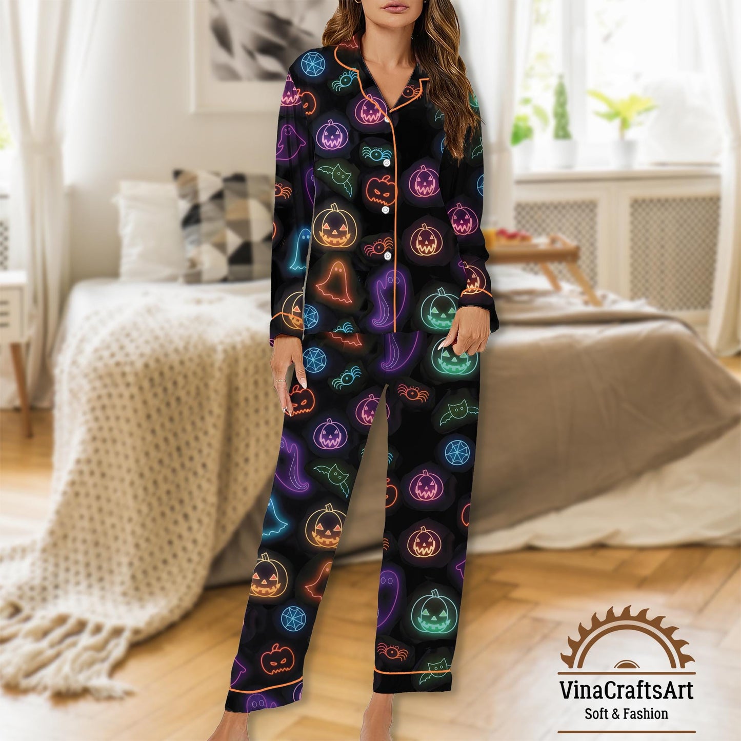 Cute Halloween Ghost Pajamas Set, Neon Ghost Pumpkin Bat Pajamas Set, Spooky Cute Sleepwear, Holiday Loungewear