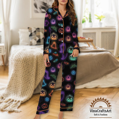 Cute Halloween Ghost Pajamas Set, Neon Ghost Pumpkin Bat Pajamas Set, Spooky Cute Sleepwear, Holiday Loungewear