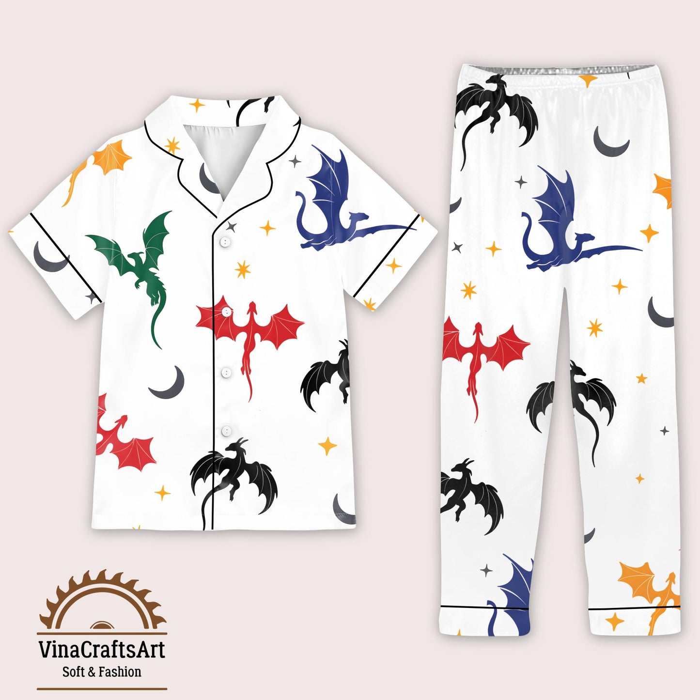 Dragon Pajamas Set, Fantasy Nightwear for Women, Colorful Dragon Moon Star Pajamas Set, Fourth Wing Pajamas Set