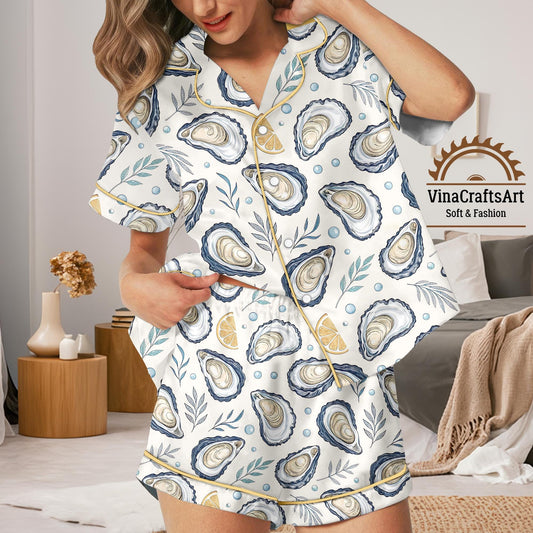 Oyster Pajamas Set, Coastal Summer Sleepwear for Women, Seashell Lemon Pajamas Set, Nautical Beach Loungewear, Cute Summer Pajamas