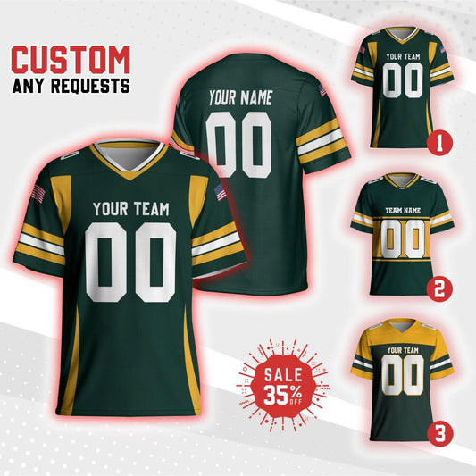 Custom Team Packers Football Jersey green and gold jersey, Personalized Name & Number Free Style jersey, Game Day jersey