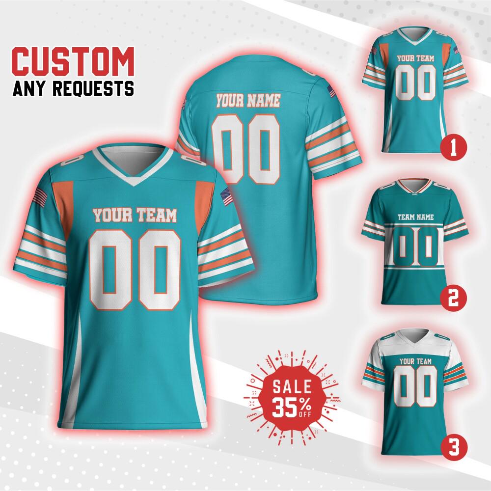 Personalized Team Dolphins Football Jersey Teal and white jersey ,Game Day Free Style Shirt, V-neck Mesh Jersey For Men Mesh Polyester